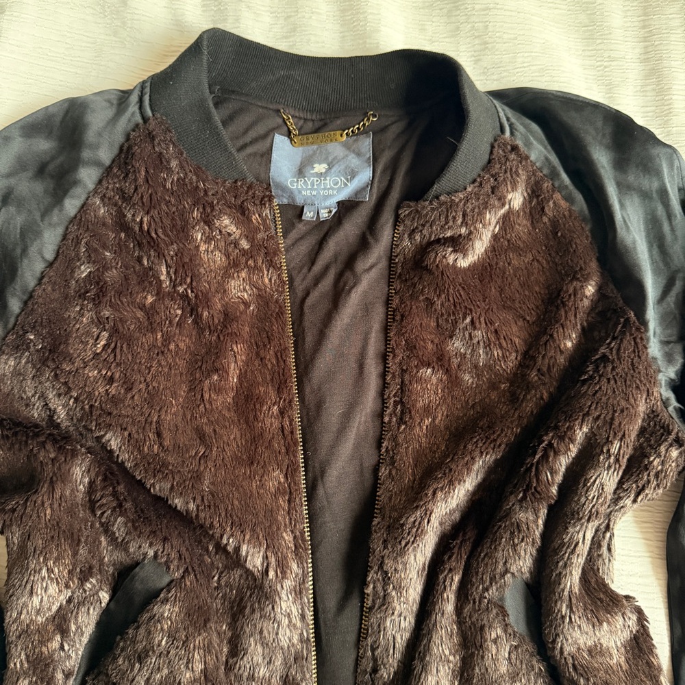 Gryphon Dark Brown Faux-Fur Bomber with Black Sleeves - Picture 2 of 7